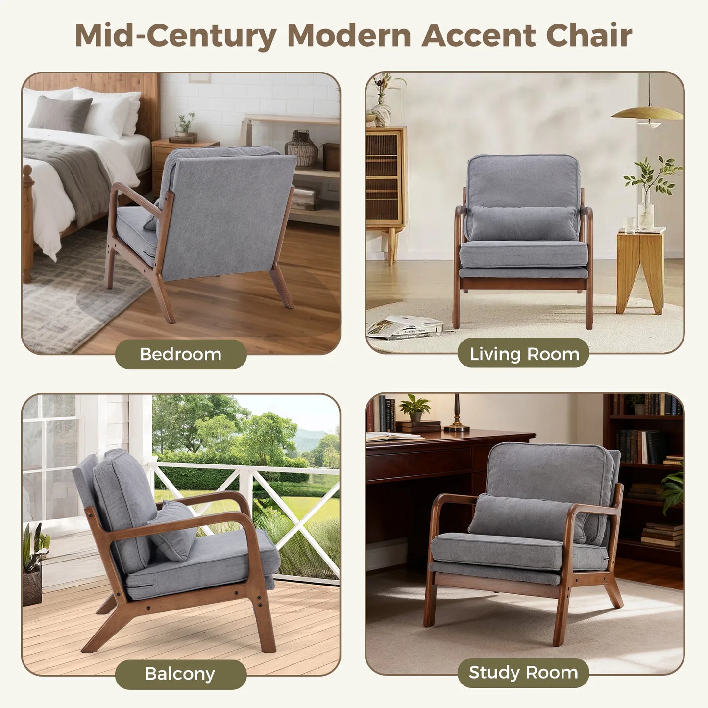 JHK Mid Century Modern Accent Chair With Solid Wooden Frame Arms Waist Cushion Reading Chair