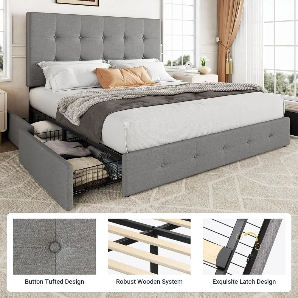 Upholstered Platform Bed With Four Drawers Button Tufted