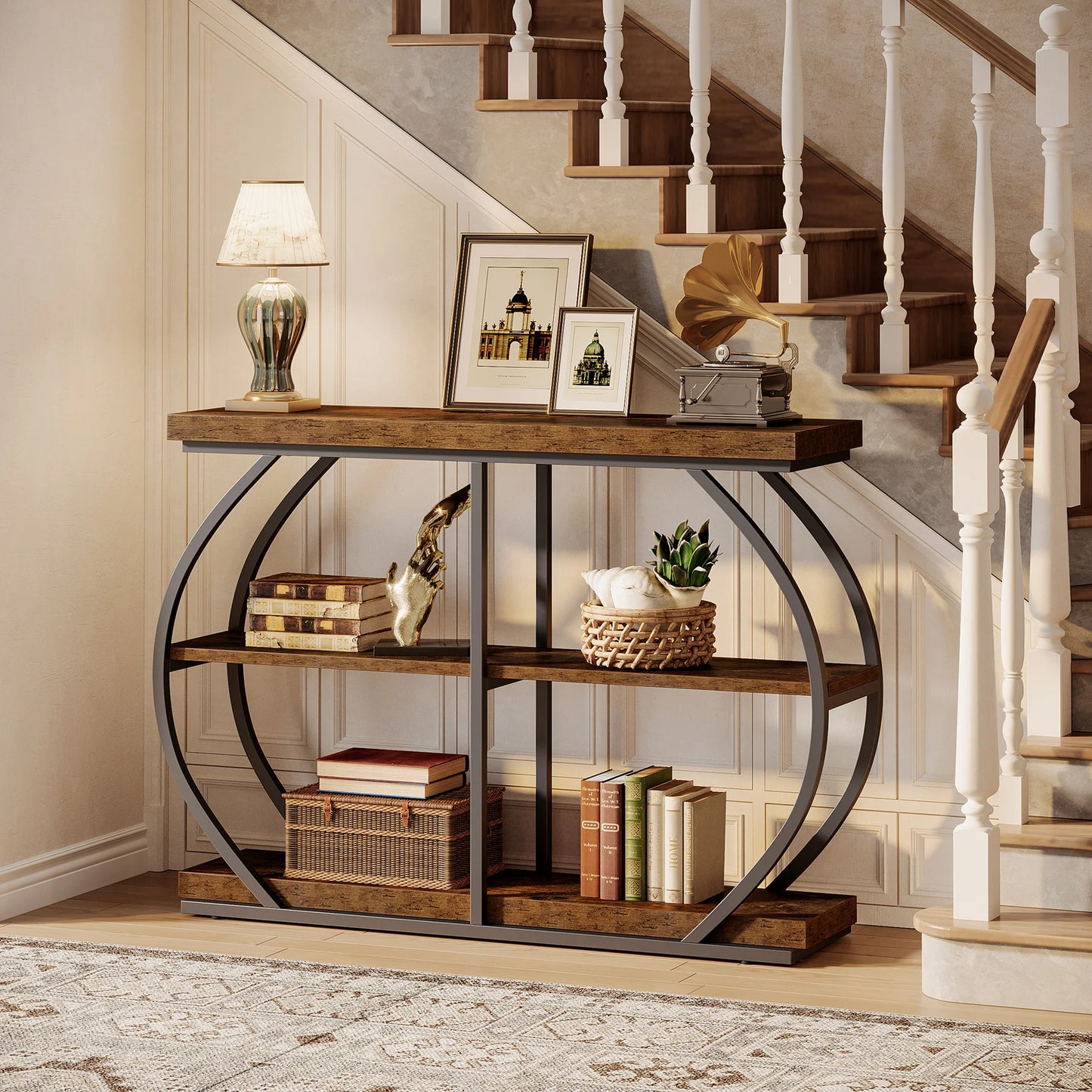 Tribesigns Industrial Console Table With Arched Metal Frame And Storage Shelves