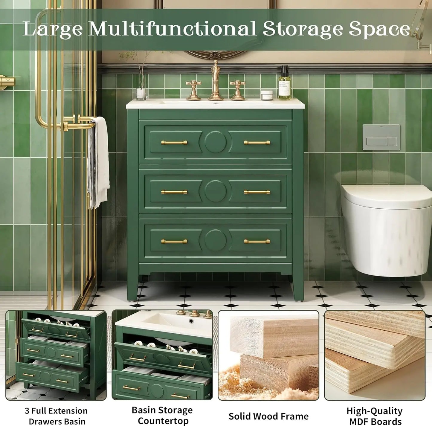 Solid Wood Bathroom Vanity With Ceramic Sink, Tip-Out Drawers