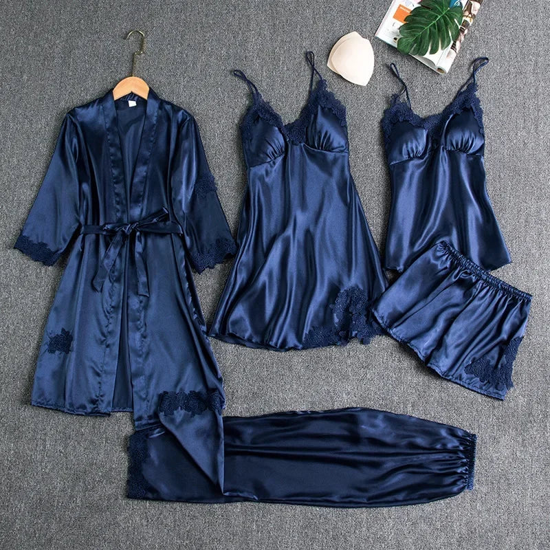 Ice Silk Sleepwear Set For Women V-Neck Long Sleeve Homewear