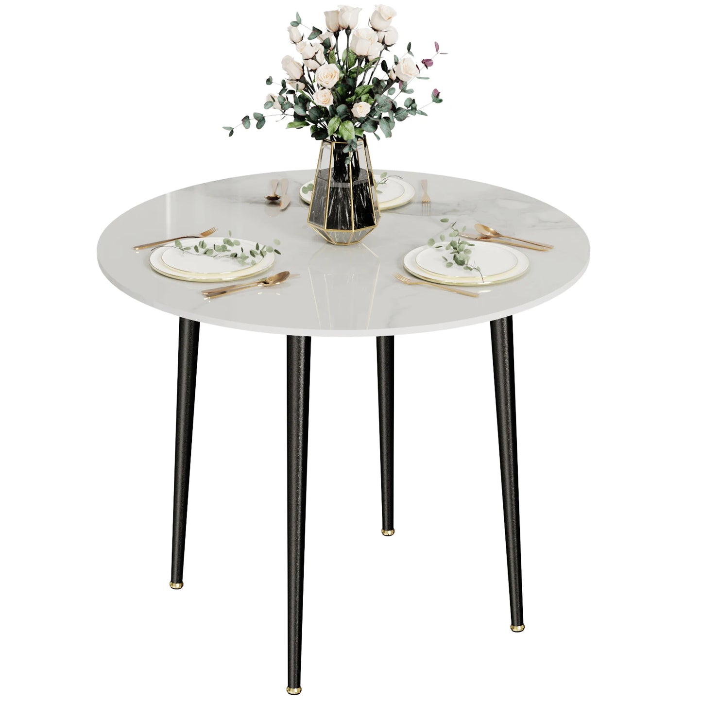 Round Sintered Stone Dining Table With Black Metal Legs