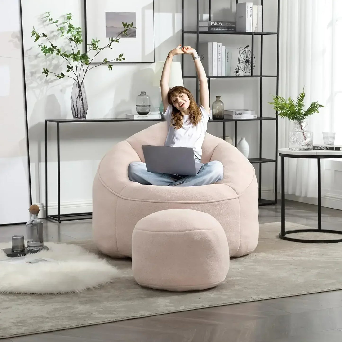 Beanbag Chair And Footstool With Foam Cushions For Living Room