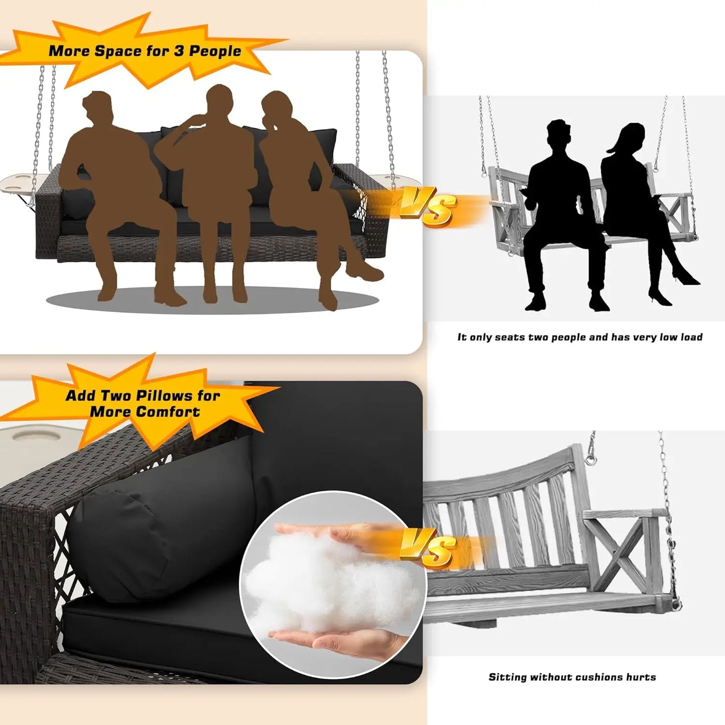 ZHENDAI Wicker Hanging Porch Swing Outdoor Patio Bench