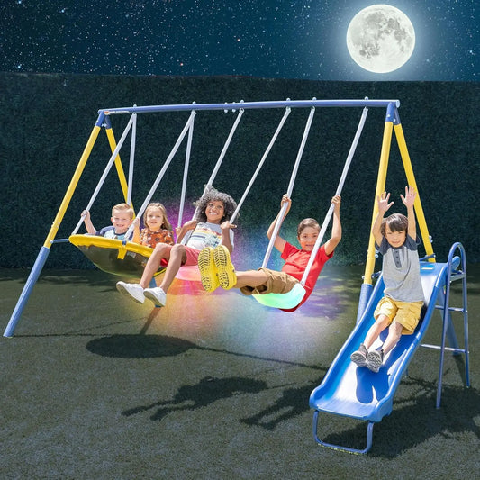 Outdoor Kids Swing Set With LED Swings And Slide Playset