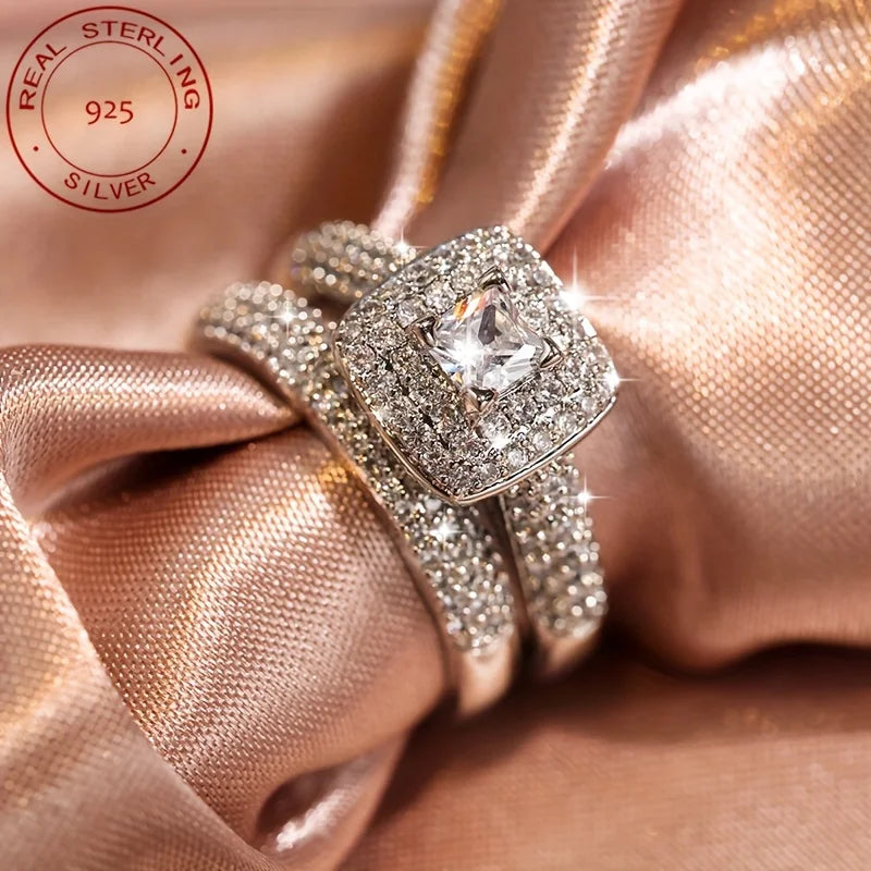 WPOOCC Womens Elegant Zircon Engagement Ring Set 925 Silver Plated
