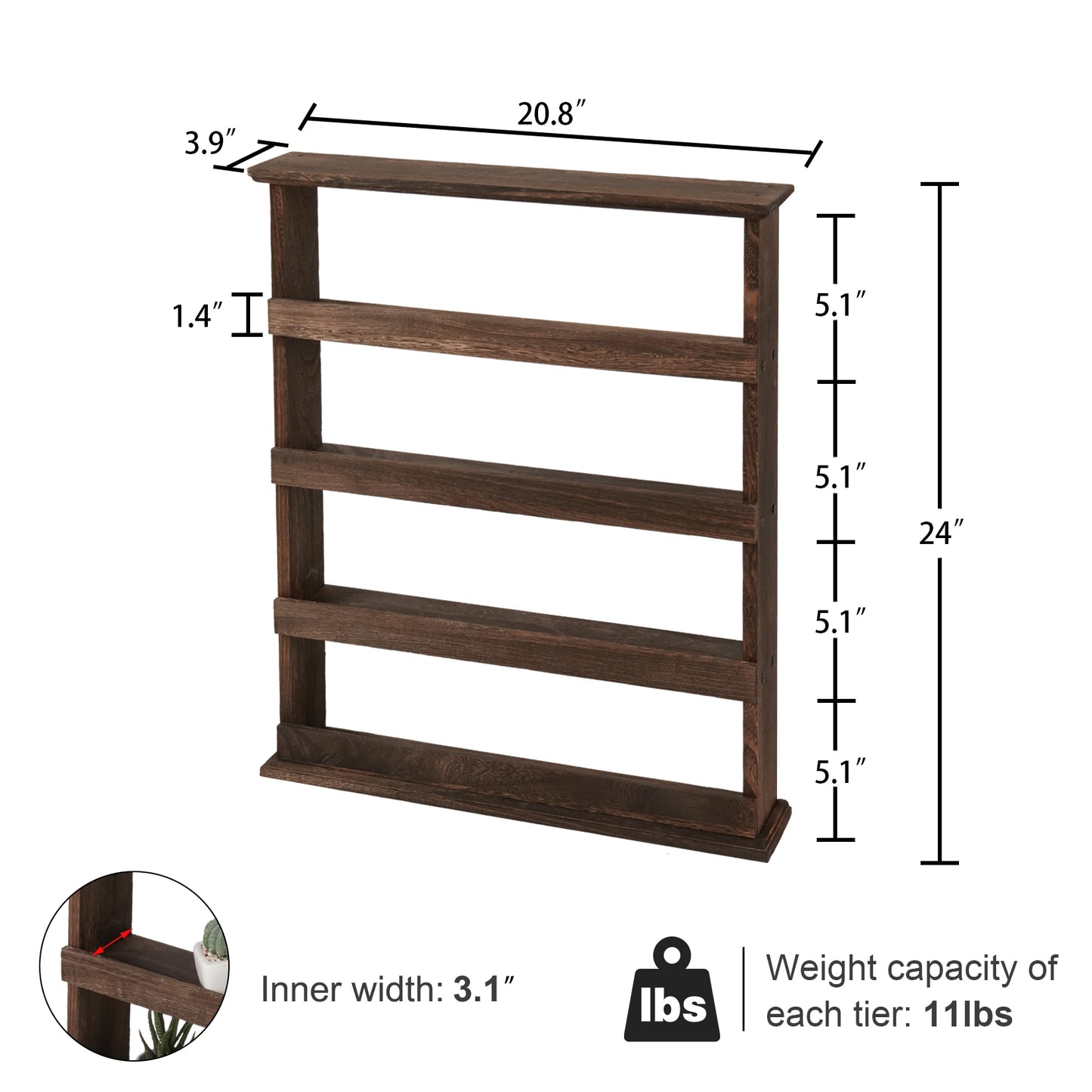 Rustic Torched Wood Wall Mounted 4 Tier Spice Rack