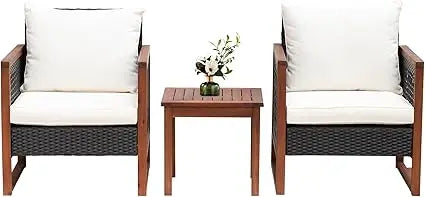 Modern Rattan Bistro Patio Set With Acacia Wood Frame