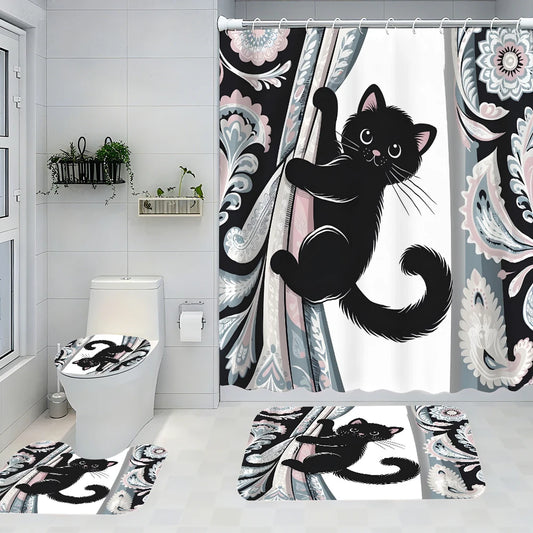 Craft Of Weaving Kitten Bathroom Four Piece Set Waterproof Shower Curtain