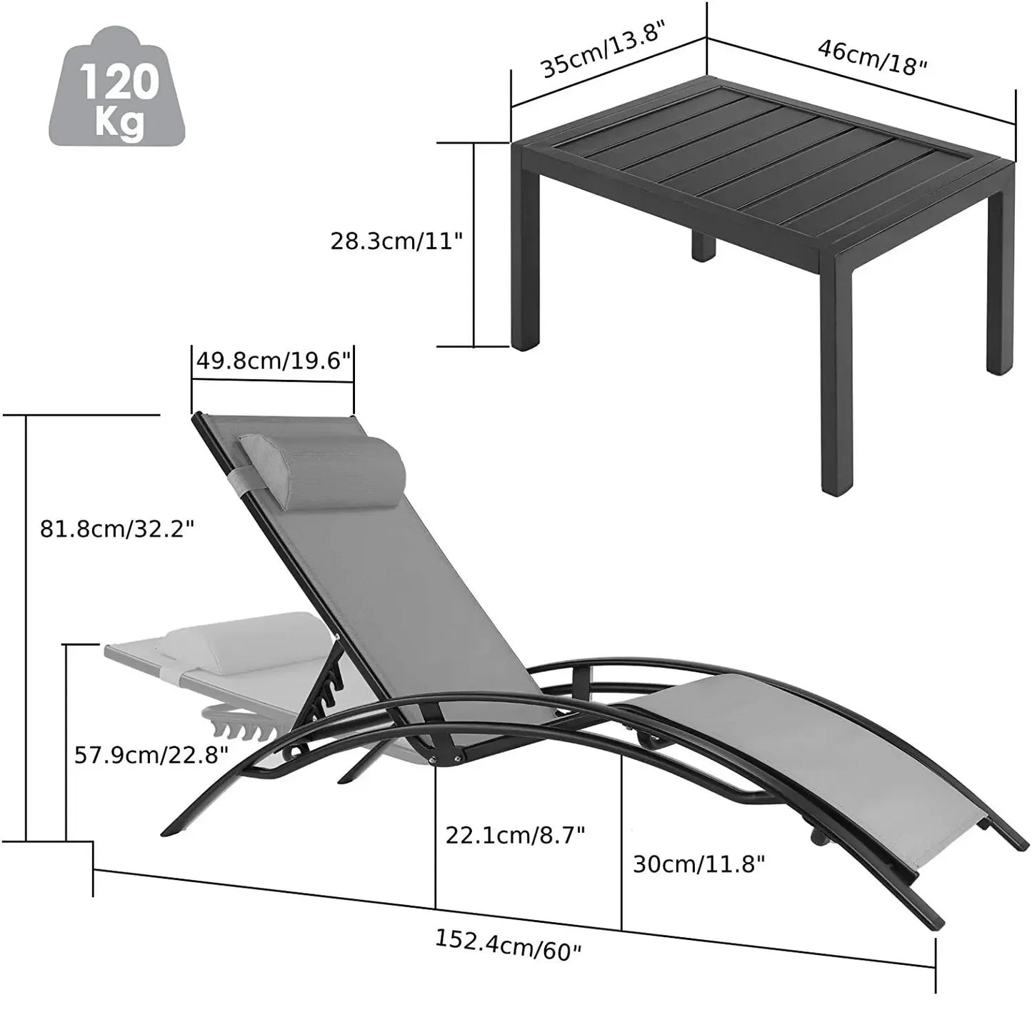 AuAg Aluminum 3-Piece Outdoor Lounge Chair Set With Table
