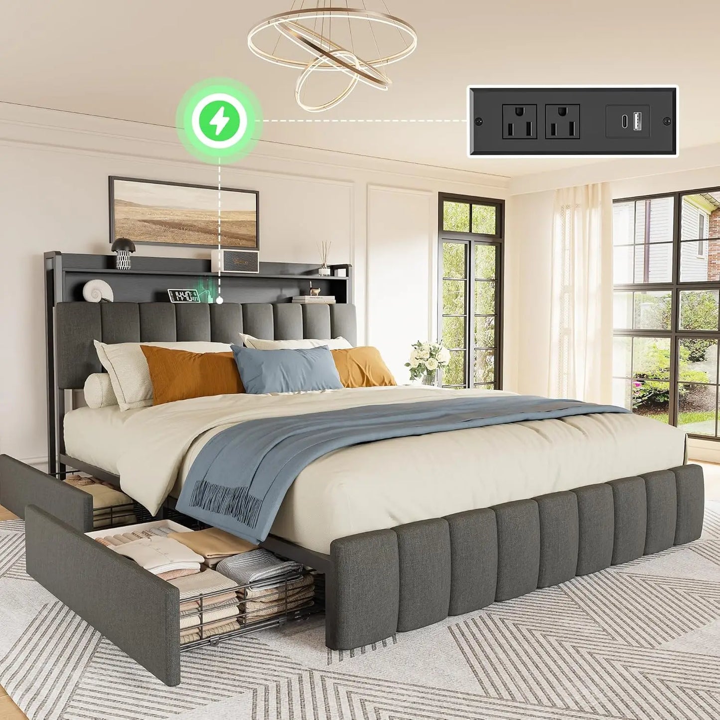 Bed Frame With Upholstered Headboard Charging Station Two Tier Drawers