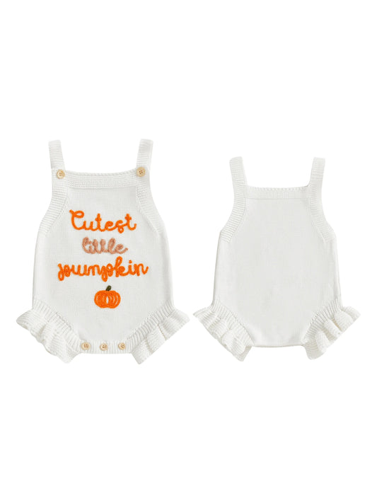 Infant Girl Sleeveless Knit Romper With Pumpkin Embroidery Bodysuit