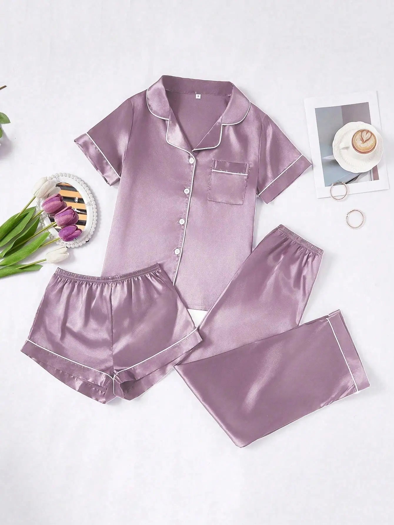 Faux Silk Pajama Set For Women Button-Down Top And Pants