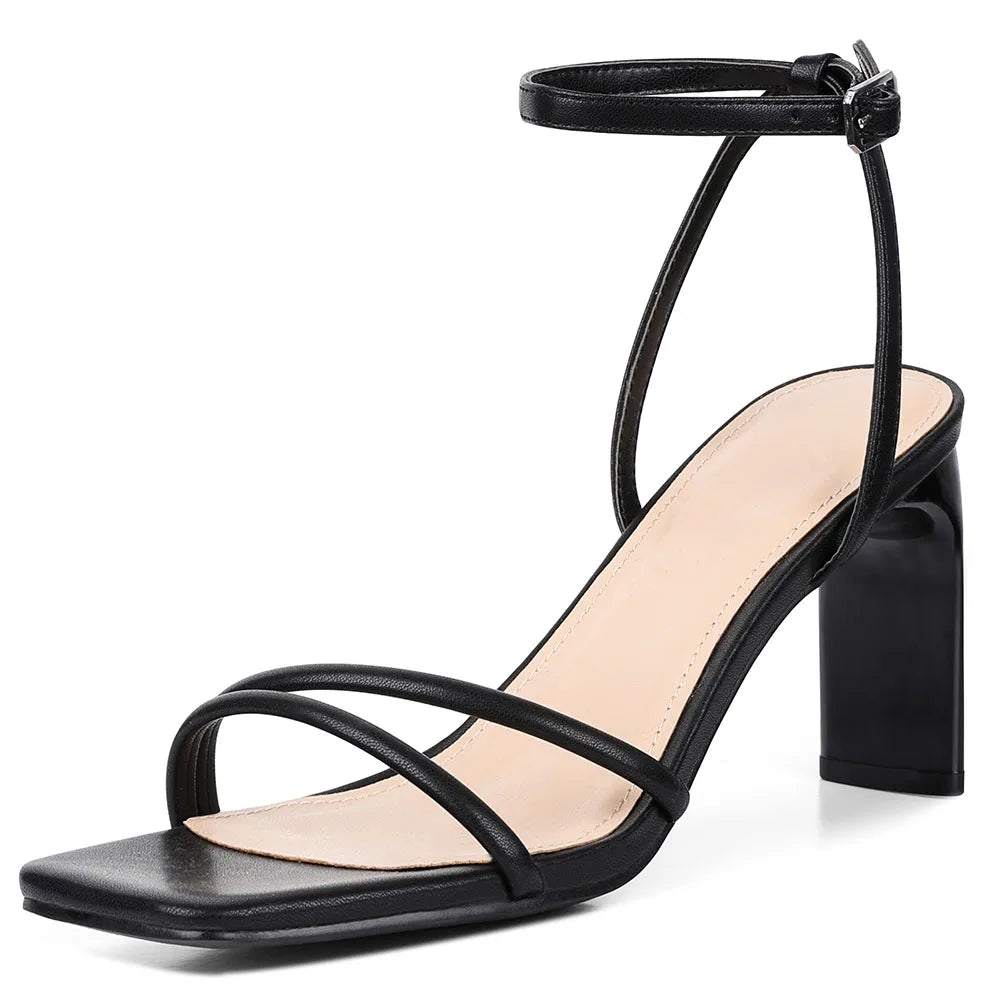 GIGIFOX Square Toe High Heel Ankle Strap Sandals With Buckle