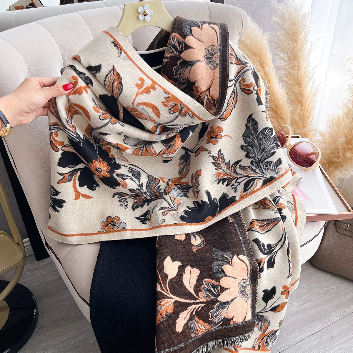 Floral Print Winter Scarf For Women Warm Polyester Shawl Wrap