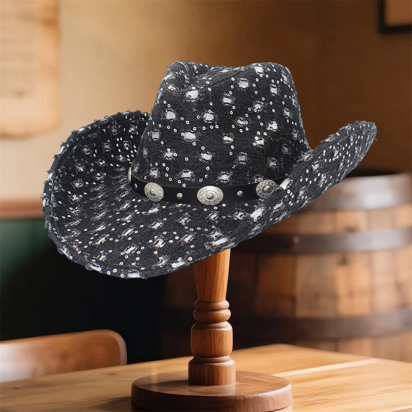 NONECN Vintage Distressed Cowboy Hat With Concho Band