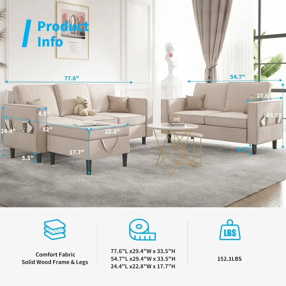 HUANZHUANG 3 Piece Sectional L Shaped Sofa Set Modern