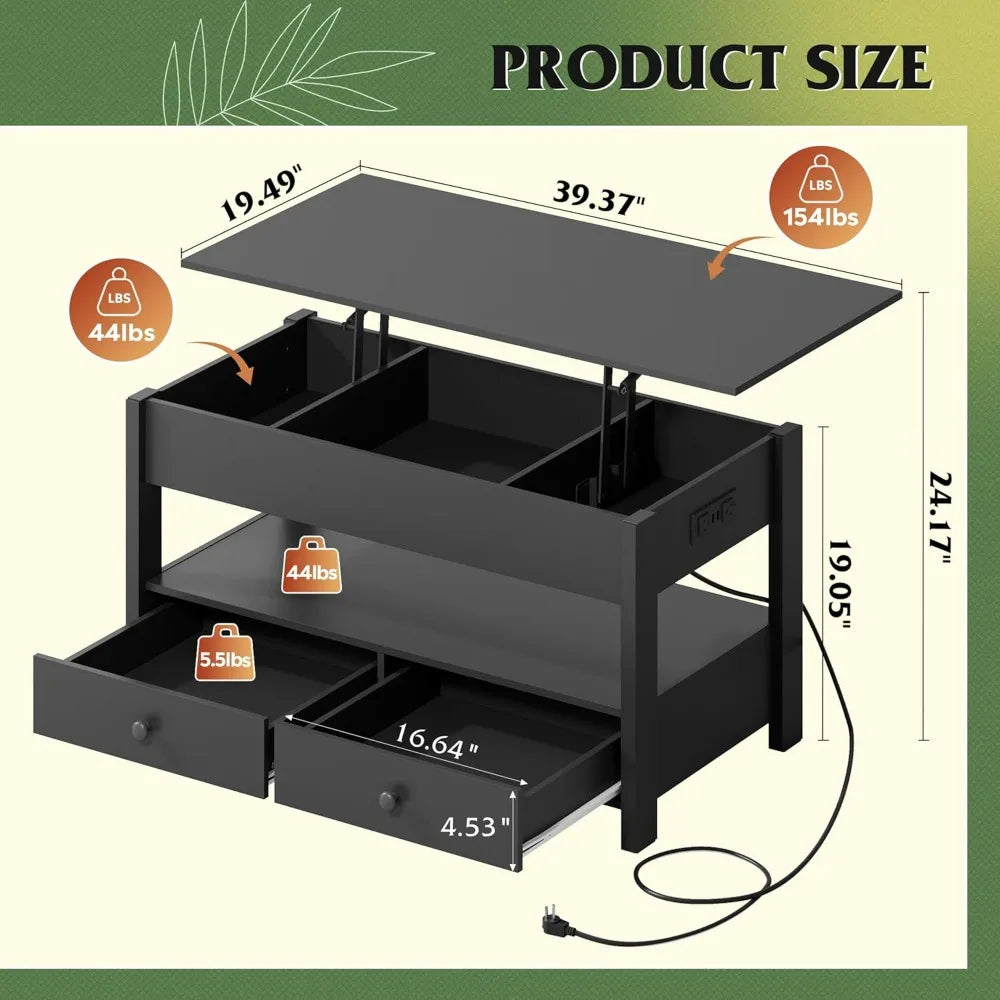 Lift Top Coffee Table With LED Light and Two Drawers