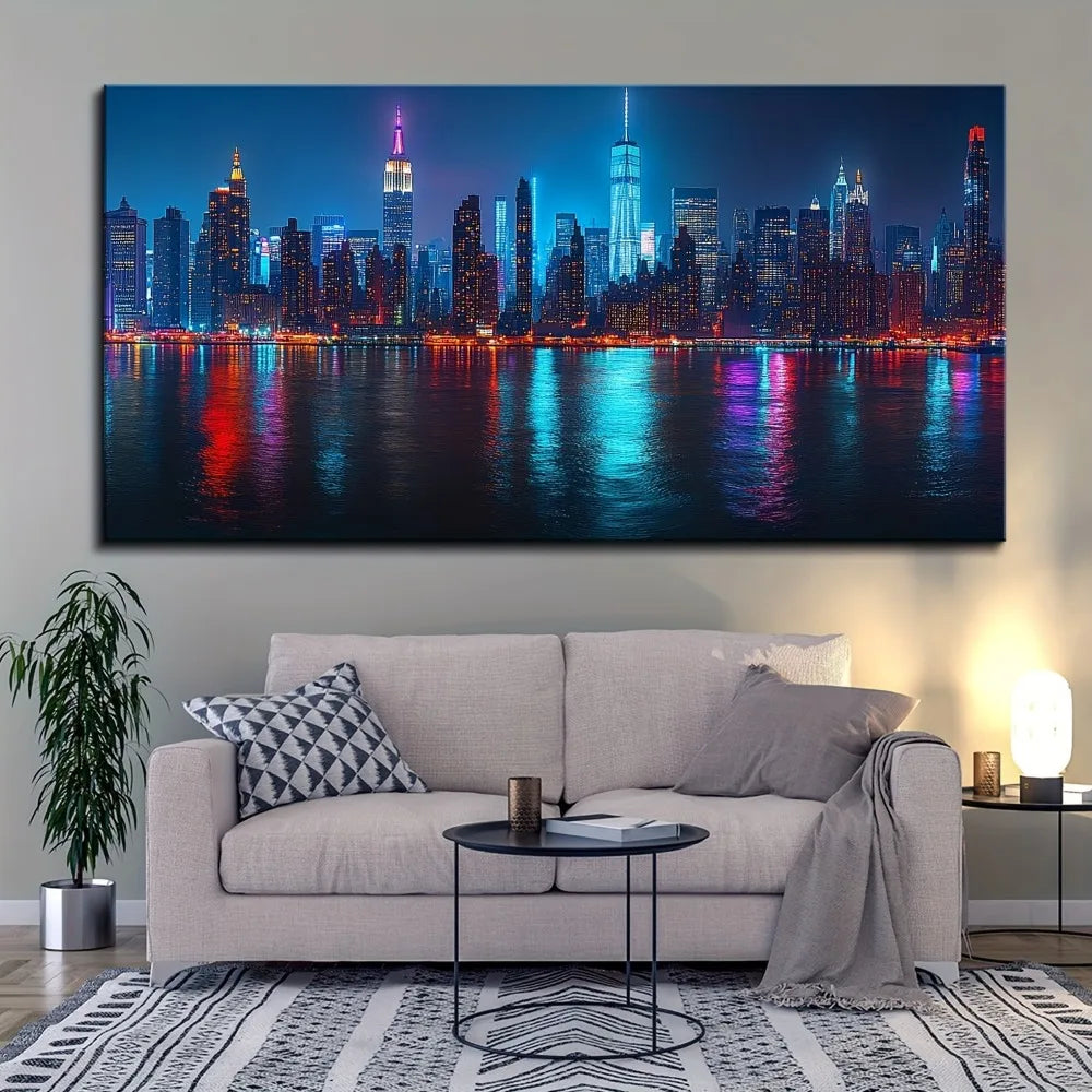 New York City Night View Canvas Wall Art Pine Frame