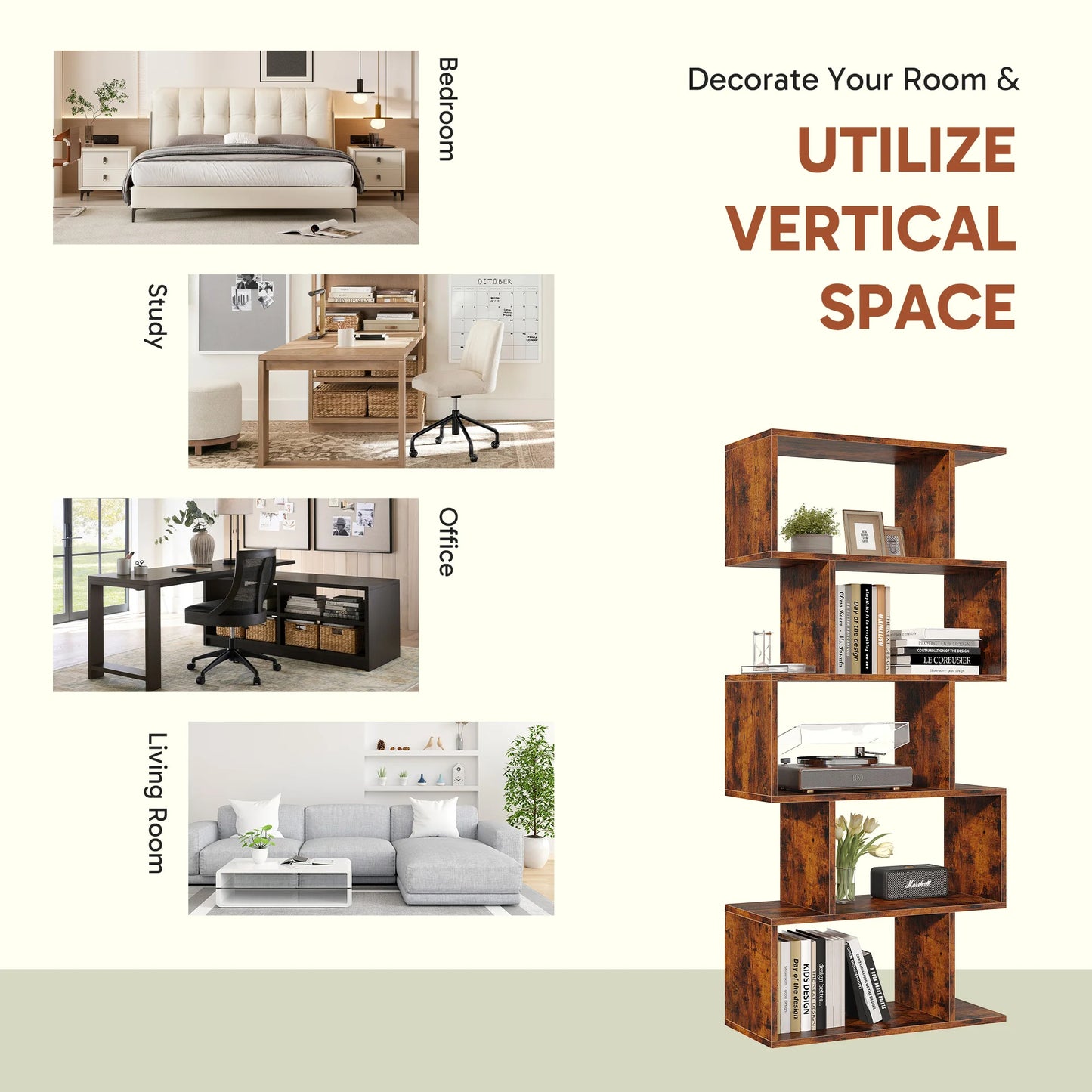 JHK Geometric S Shaped 5 Tier Wooden Bookcase Storage Shelf