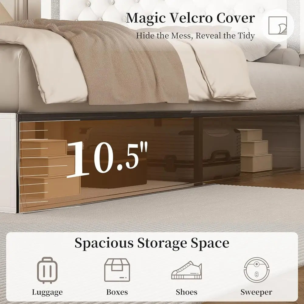 Upholstered Queen Bed Frame With Adjustable Headboard And LED Lights