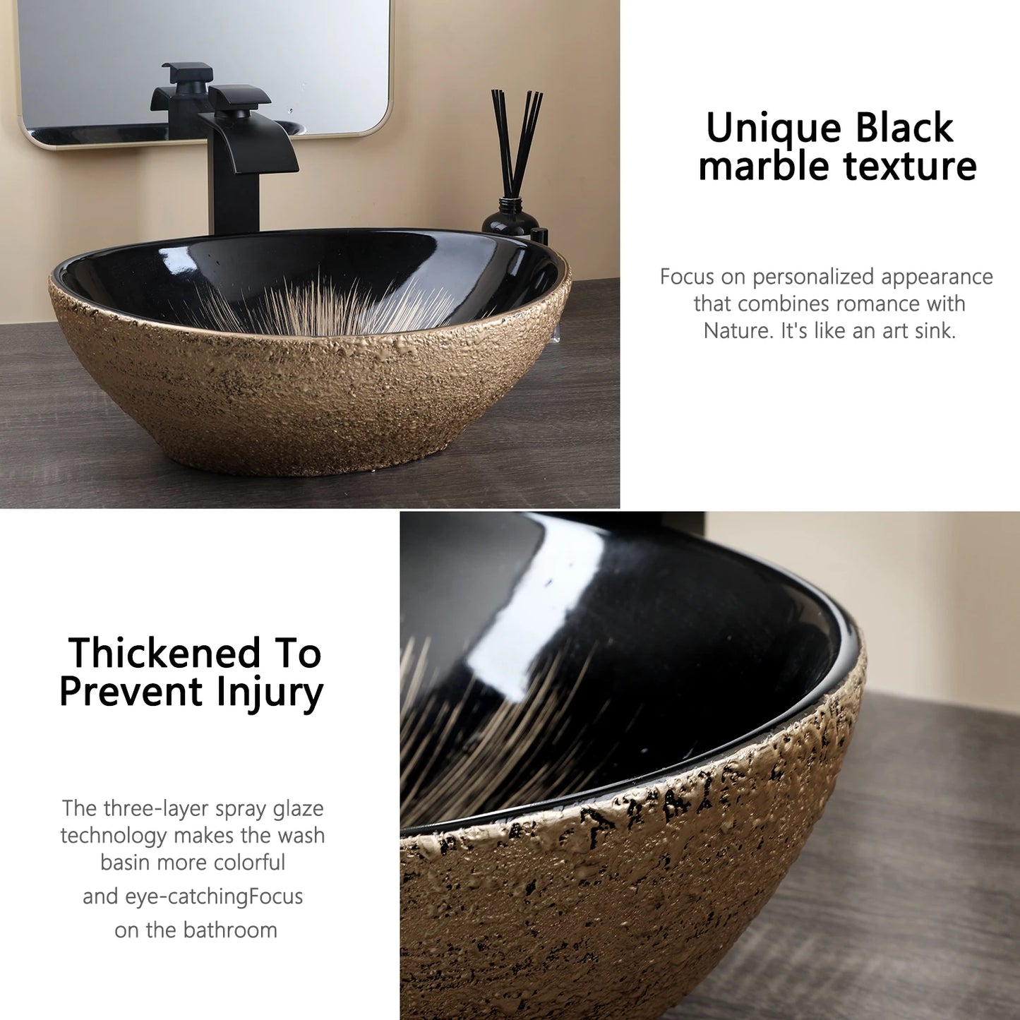 MEKKHALA Oval Vessel Sink With Faucet Marble Ceramic