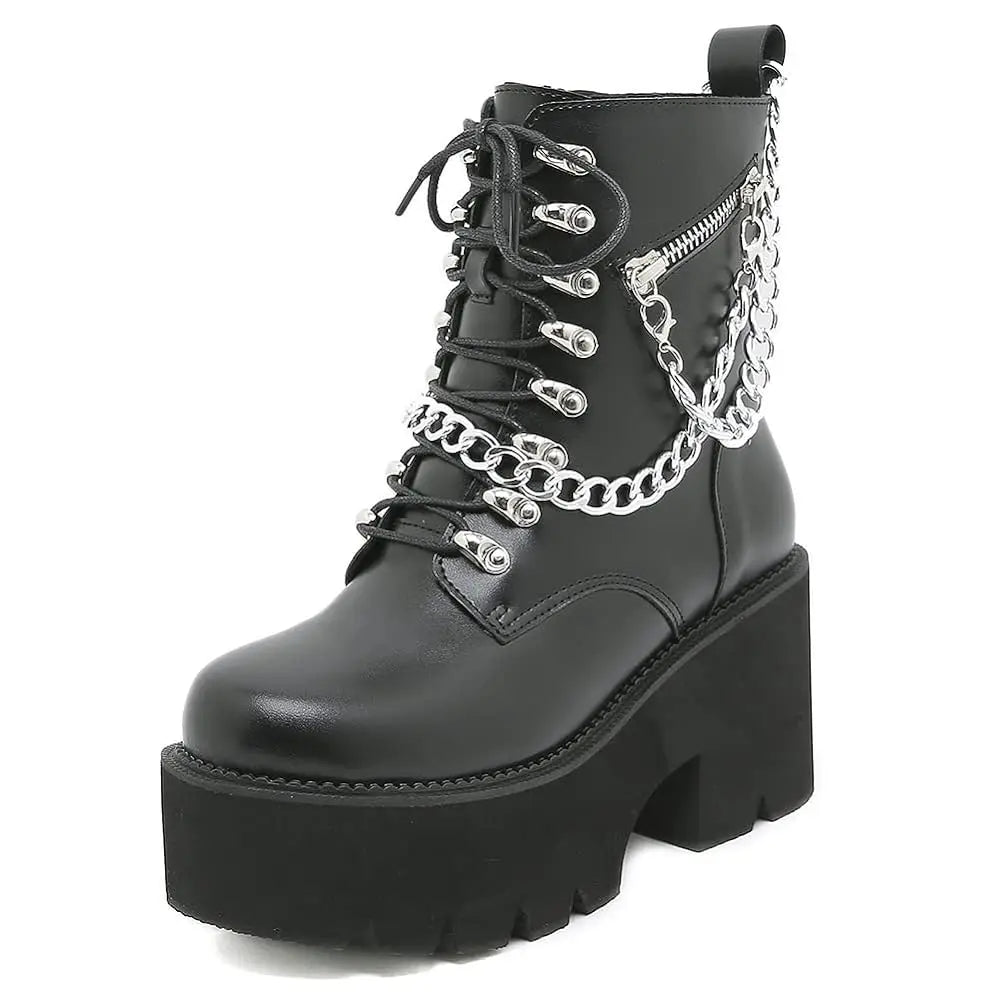 DoraTasia Gothic Ankle Boots Platform Chunky Heel With Chain