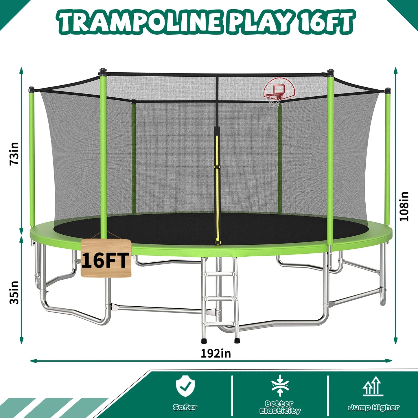 Outdoor Trampoline With Balance Bar And Basketball Hoop Enclosure Net