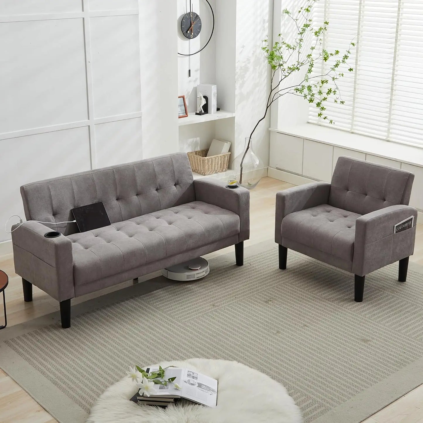 Tufted Mid-Century 2-Piece Sectional Sofa Set With USB Ports
