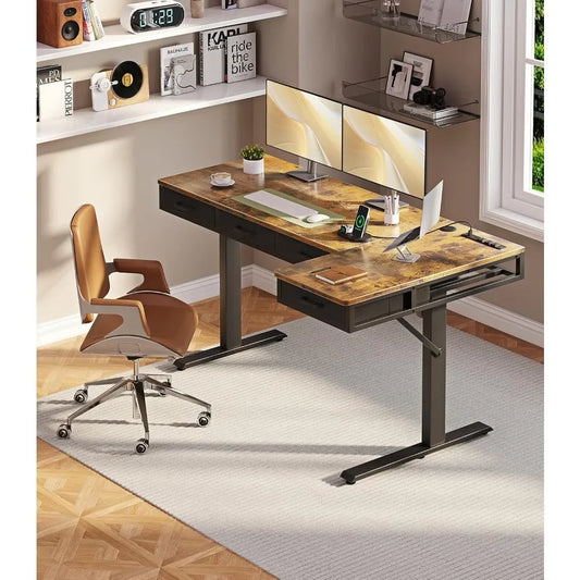 L Shaped Electric Standing Desk With Drawers And Power Outlets