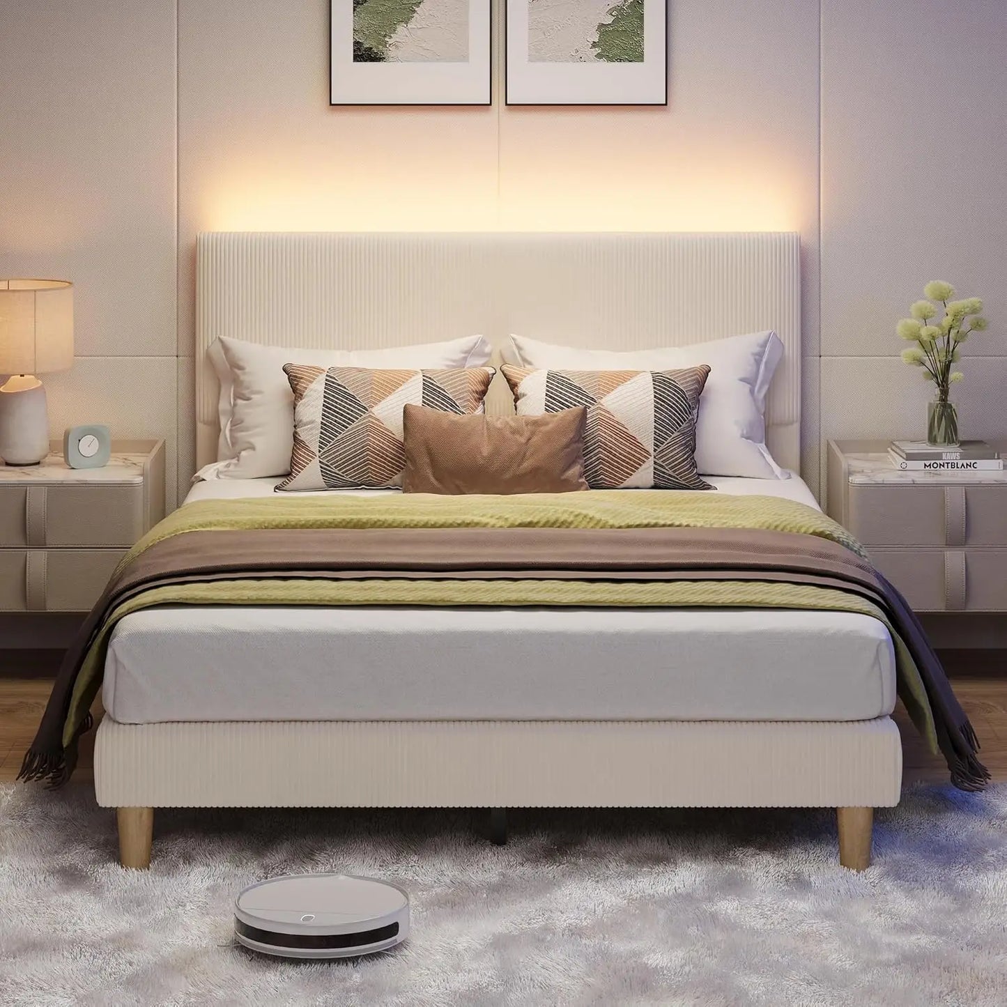 Platform Bed Frame With LED Headboard And Wooden Slats