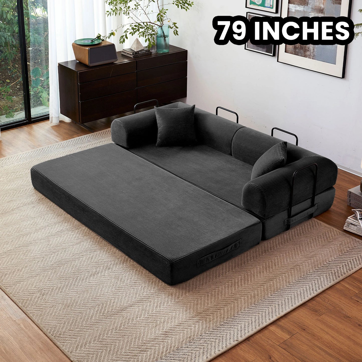 Foldable Convertible Futon Sofa Bed With L-Shaped Armrests Living Room