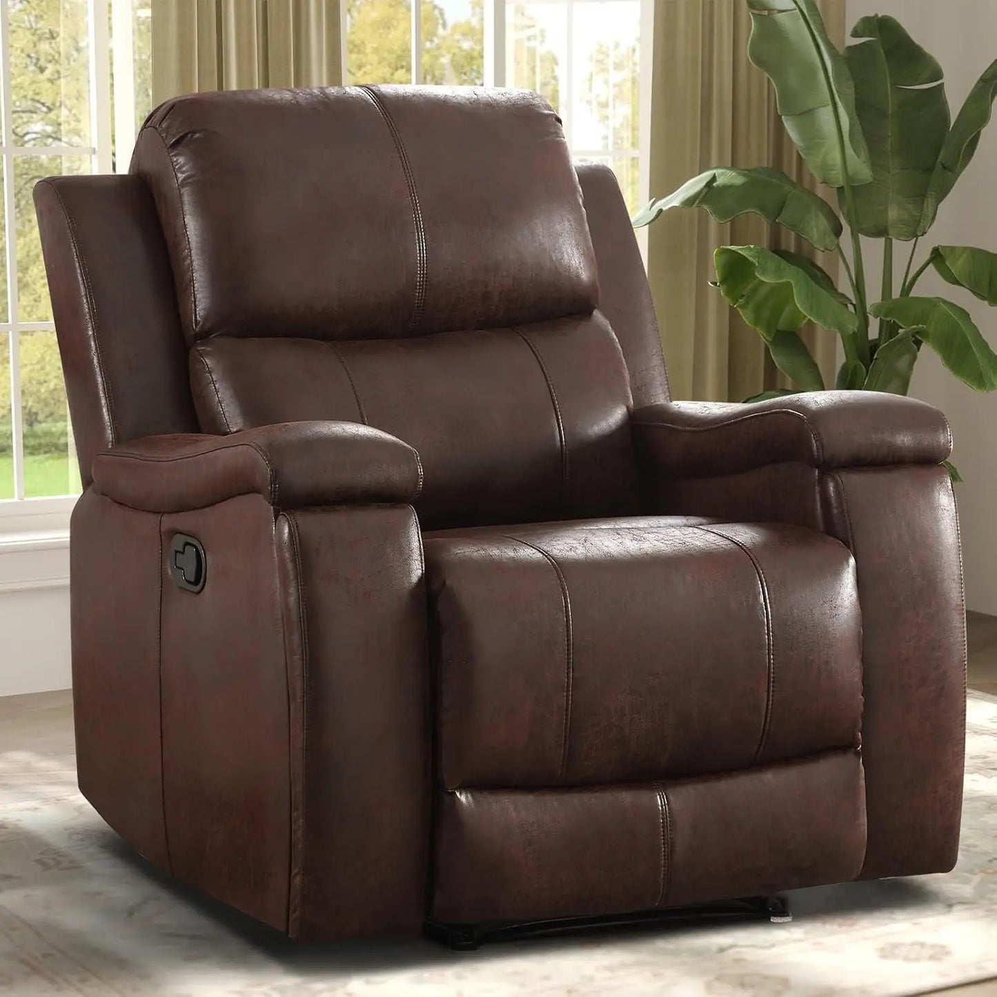 Overstuffed Manual Recliner Chair With Cup Holders For Living Room