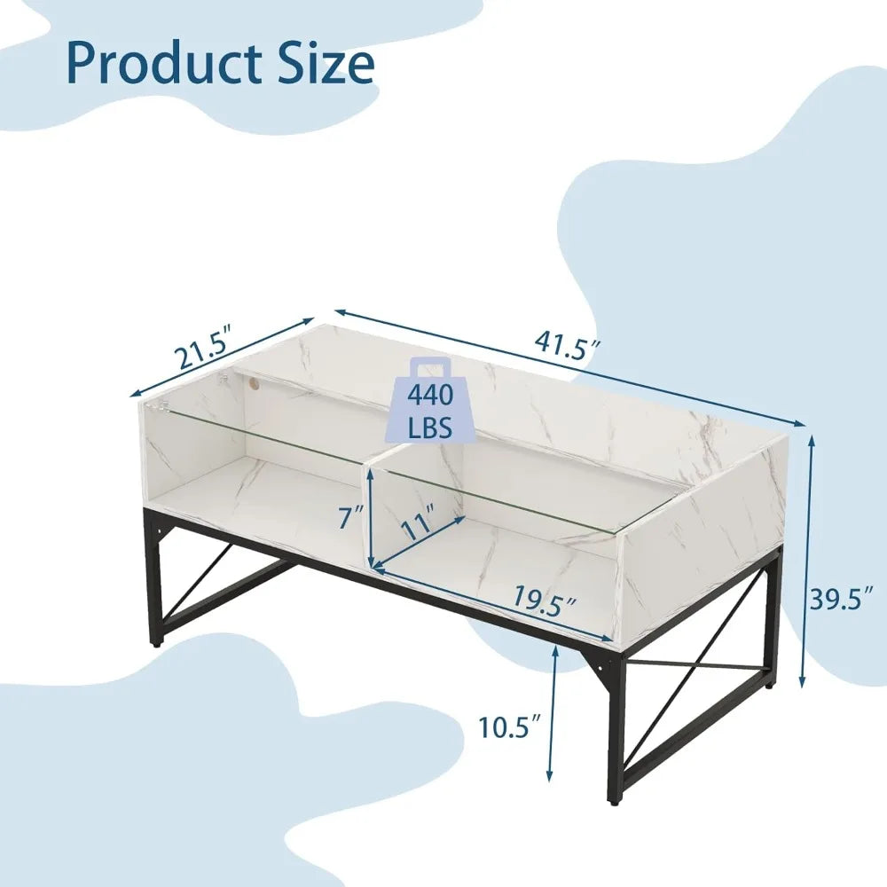 Led Coffee Table With Tempered Glass Top And Storage Cubes