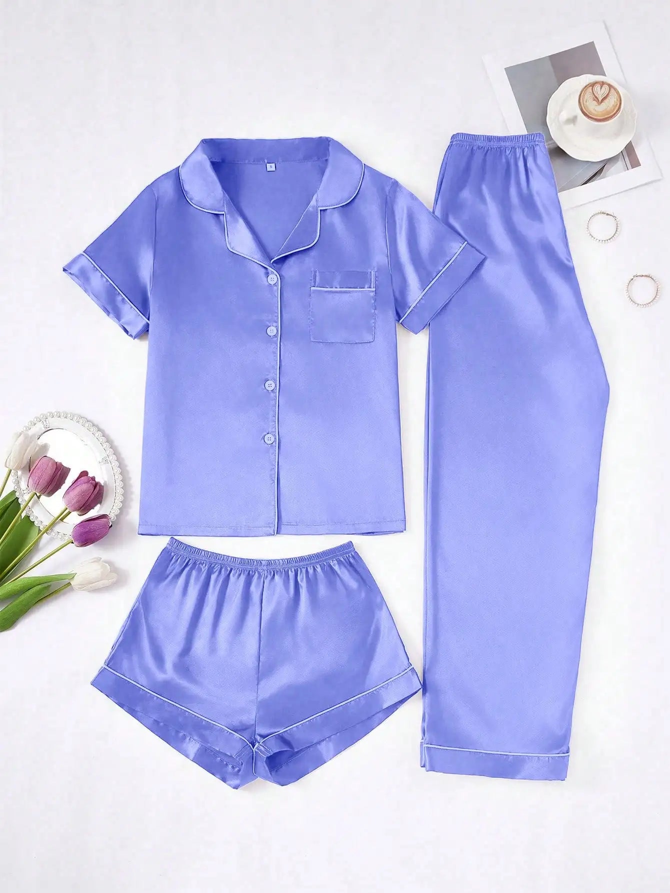 Faux Silk Pajama Set For Women Button-Down Top And Pants