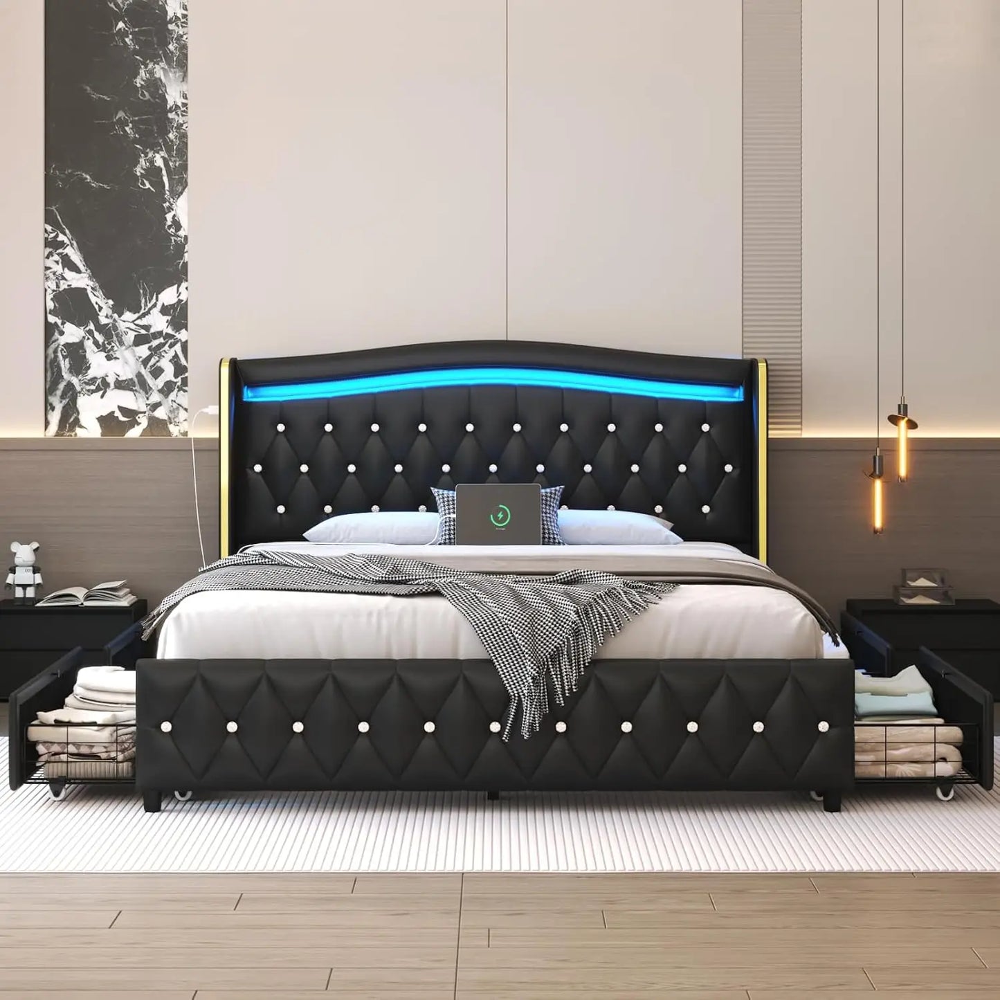 Wingback Upholstered Platform Bed With RGB LED Lights And Storage