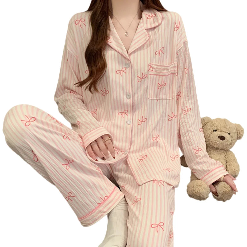 Bow Dtie Design Pajamas Set For Women Harajuku Style