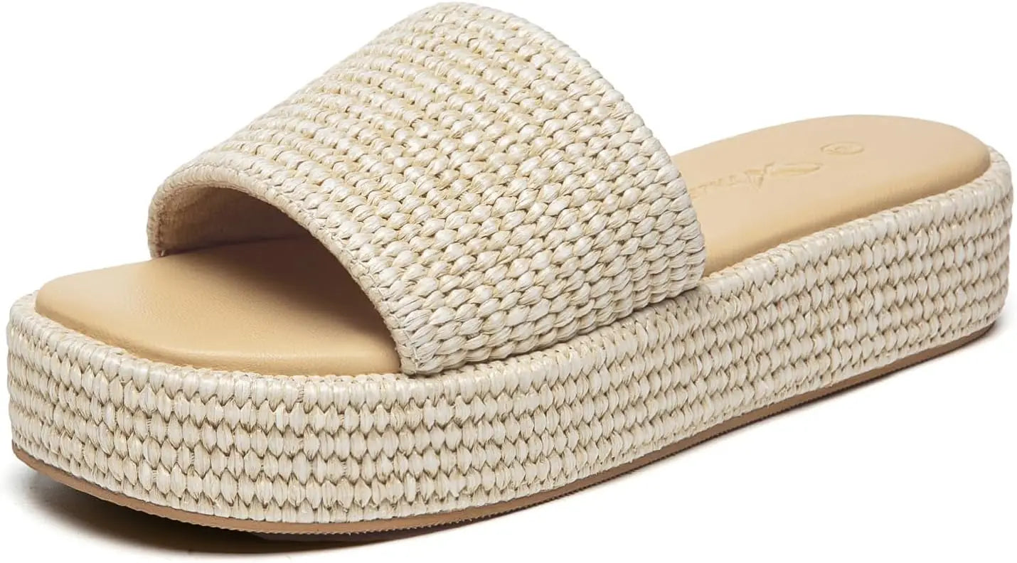 Athlefit Women's Platform Raffia Sandals Open Toe Slip On Beach