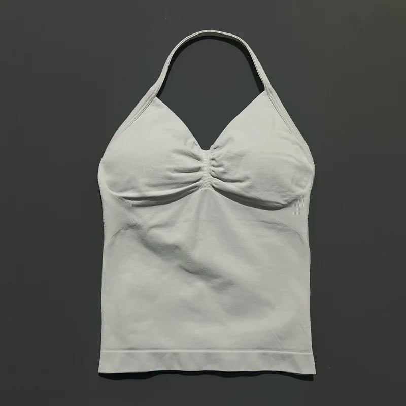 Women Gym Halter Top Longline Strappy Yoga Tank Removable Cups