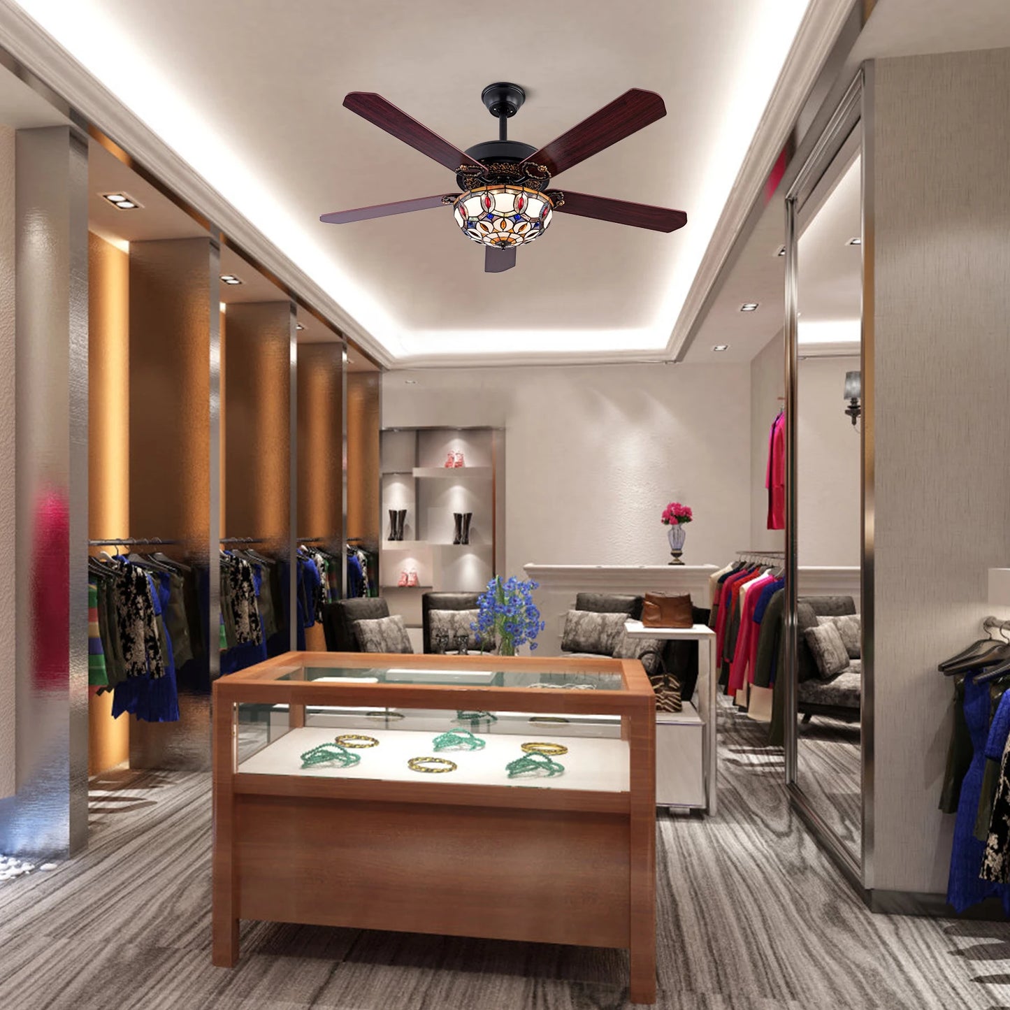 Bymaocar Elegant Tiffany Wooden Ceiling Fan With Three Lights And Remote Control