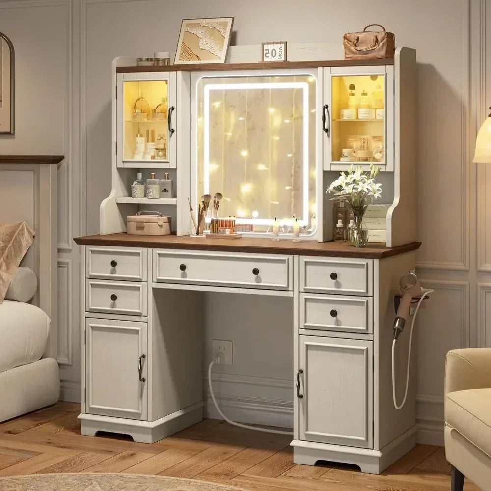 Farmhouse Vanity Desk With LED Mirror And RGB Storage