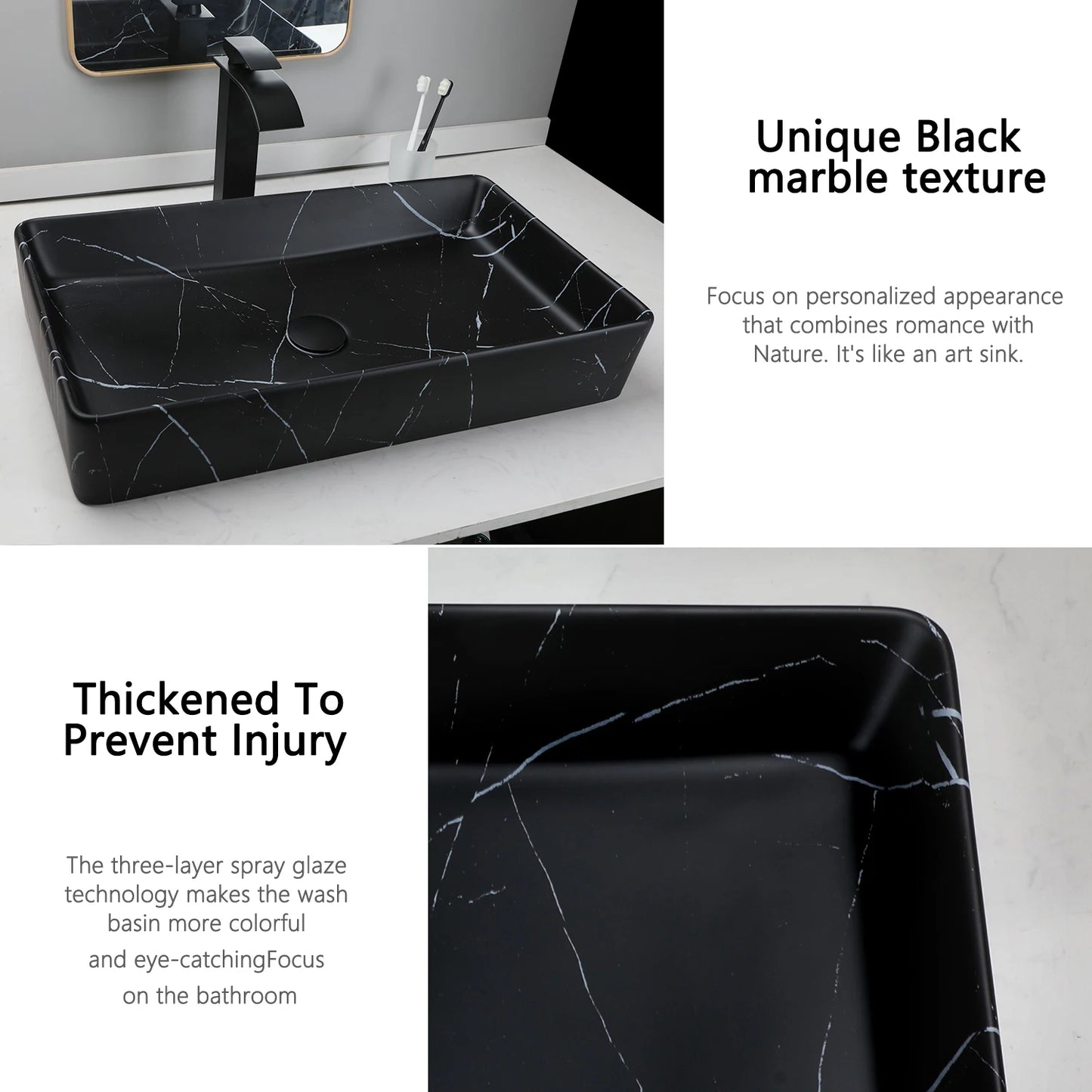 KEMAIDI Black Vanity Rectangle Marble Vessel Sink With Faucet Set