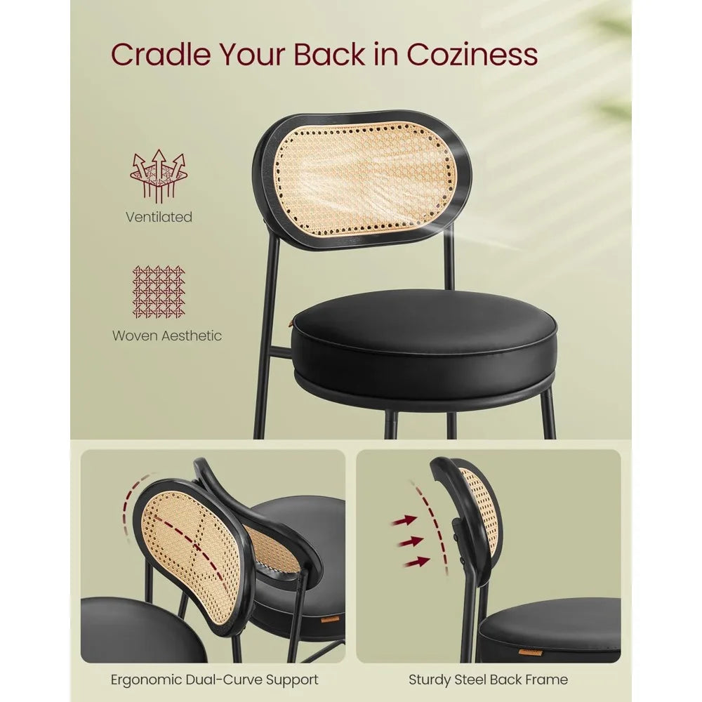 Rattan Backrest Bar Stools Set of 2 With Metal Legs