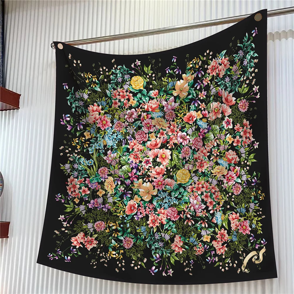 Floral Silk Twill Square Scarf Hijab Shawl For Women