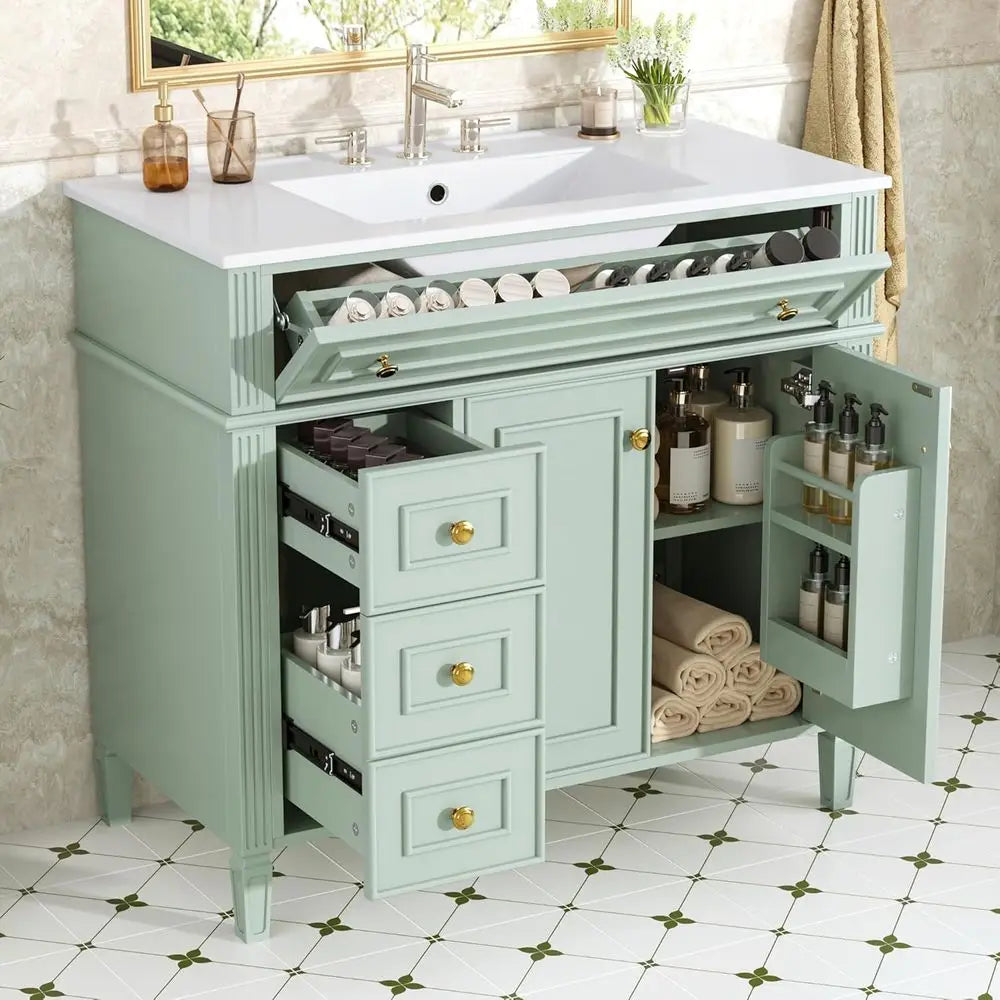 Bathroom Vanity Cabinet With Ceramic Sink, Solid Wood Frame