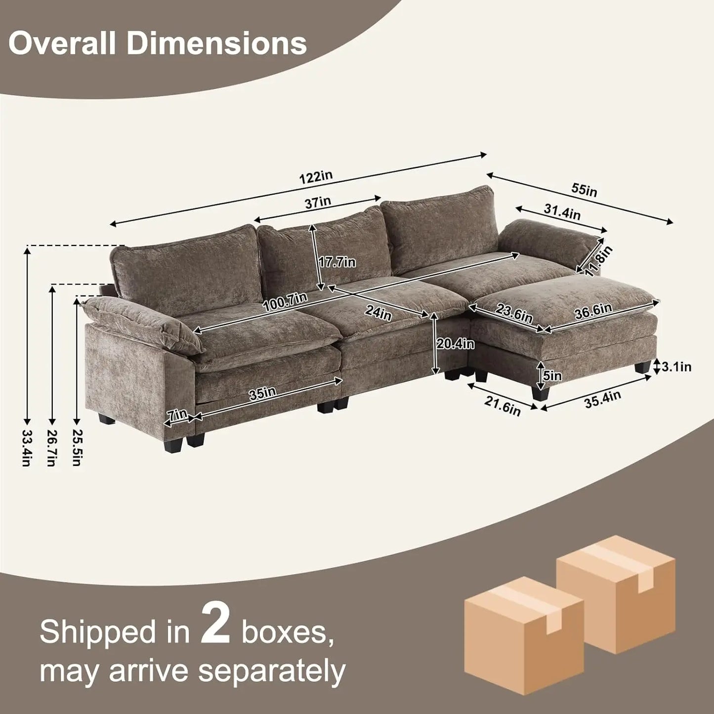 Premium Contemporary L Shaped Chenille Upholstered Sectional Sofa Featuring Ottoman