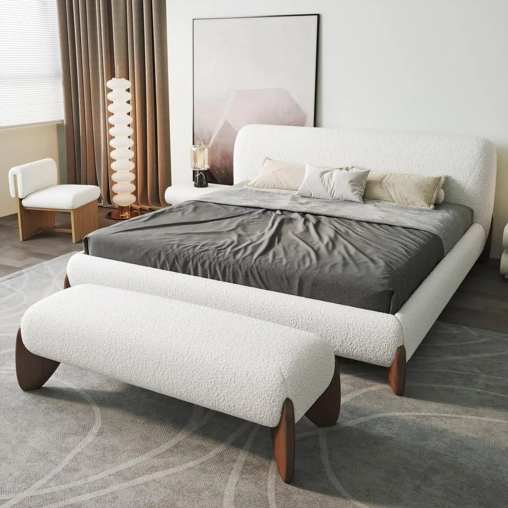 Ticify Curva Modern Boucle Platform Bed Set Bedroom Bench