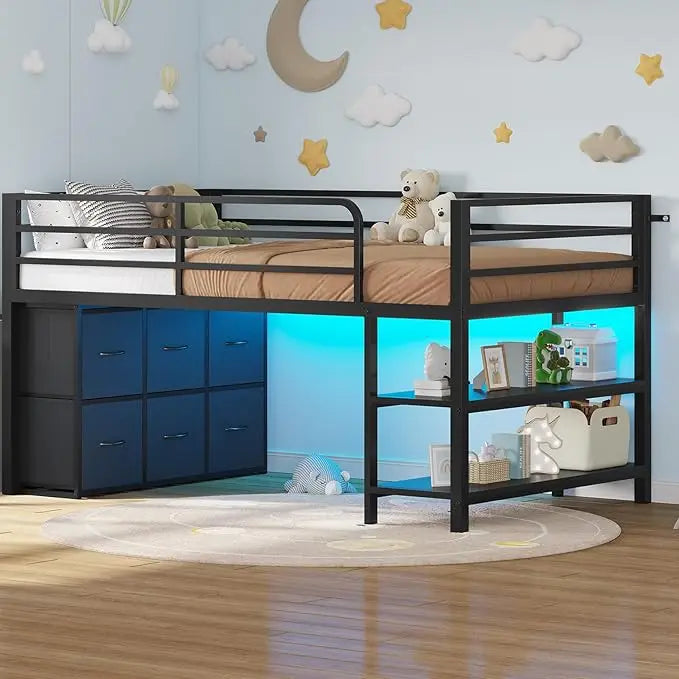 Loft Bed With LED Lights, 6 Drawers, Shelves And Guardrail