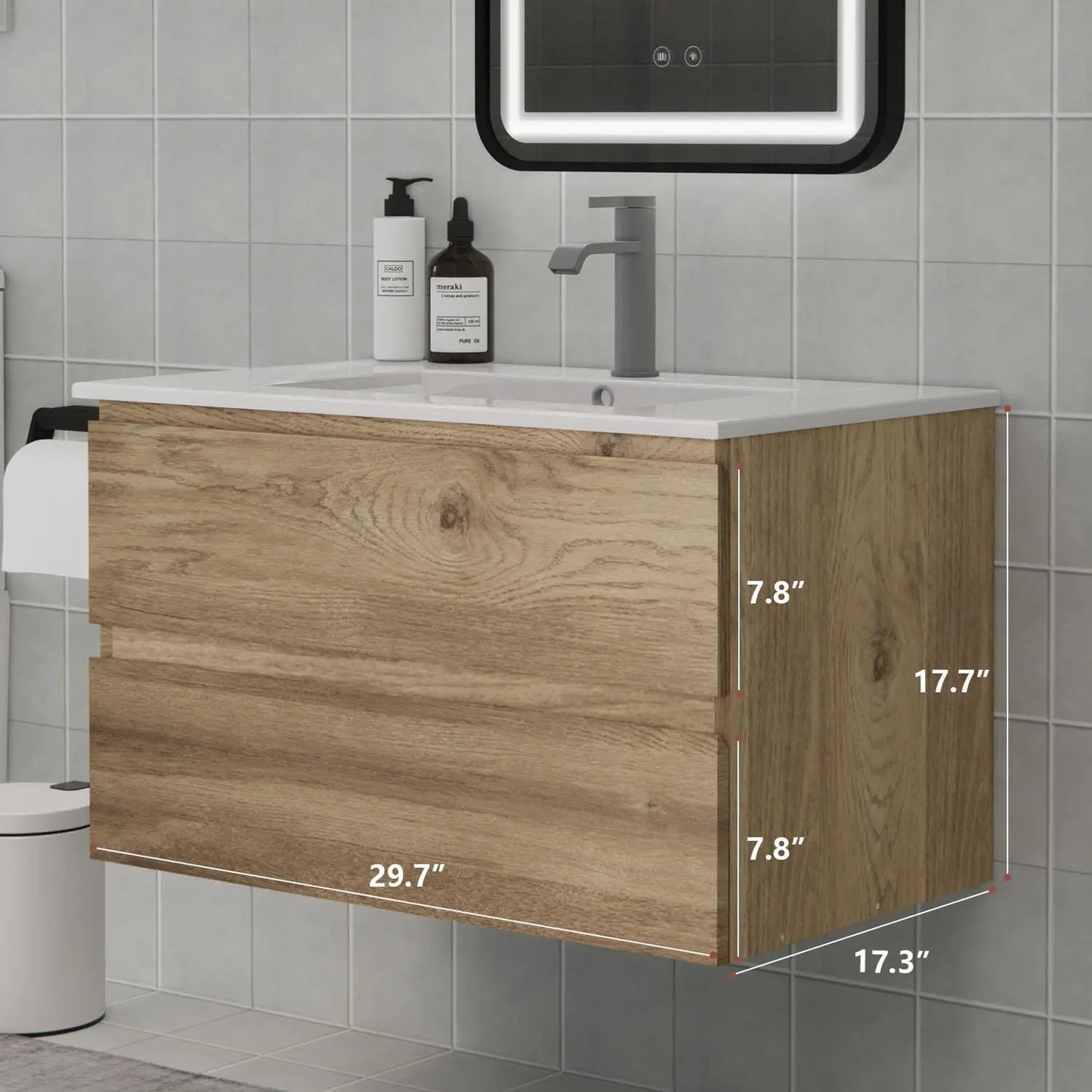 Floating Bathroom Vanity With Sink, Moisture-Resistant MDF, Soft-Close Drawers