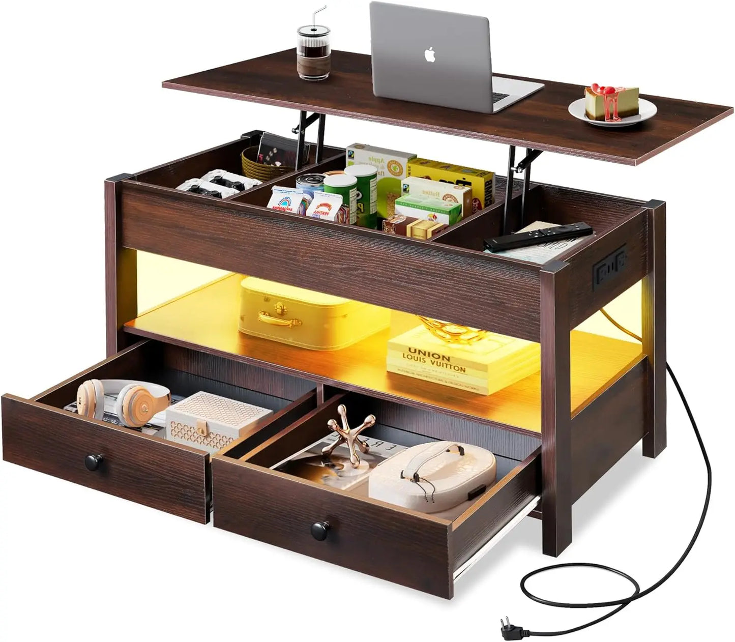 Lift Top Coffee Table With LED Light and Two Drawers